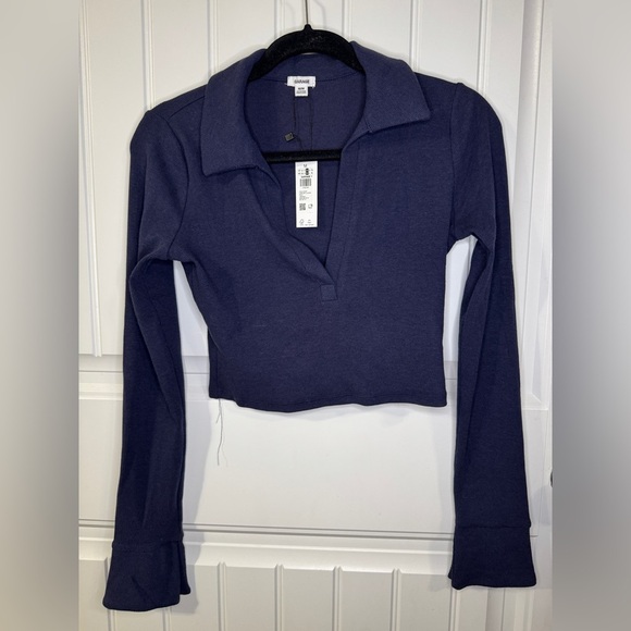 Garage Navy Blue Caroline Long Sleeve Cropped Polo Top - Picture 2 of 7